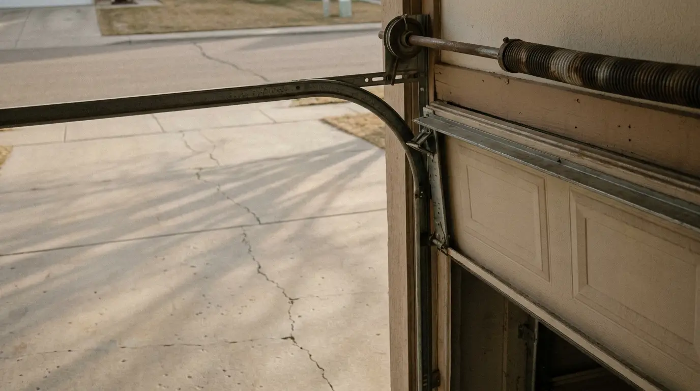 Partially open garage door with visible spring mechanism and outdoor driveway in daylight