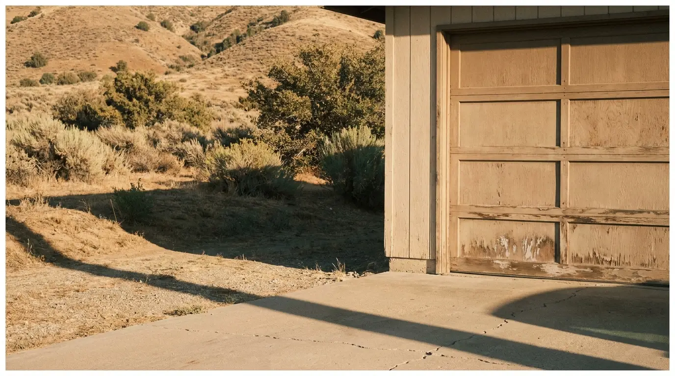 Weathered wooden garage door next to desert landscape with dry bushes and hills