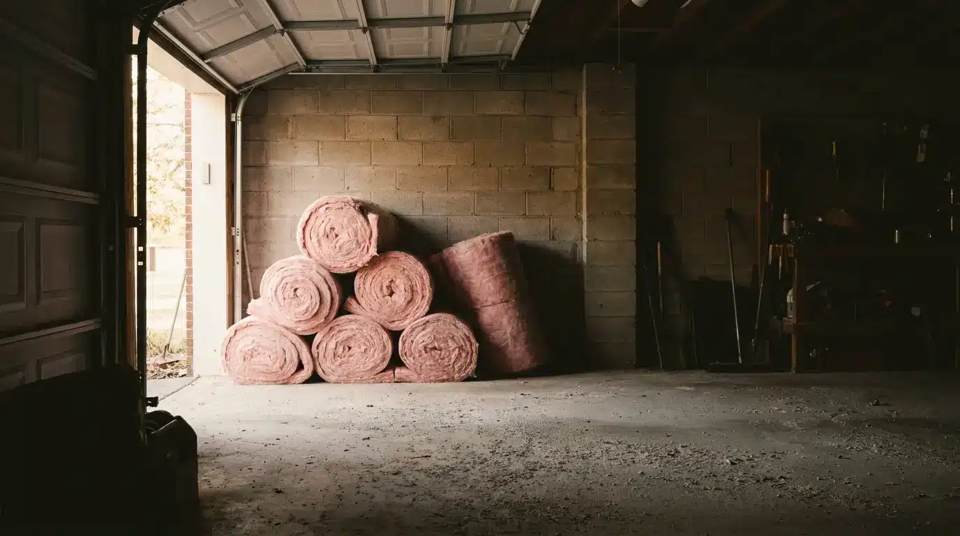 Rolls of pink insulation stacked against a concrete wall in a dimly lit garage