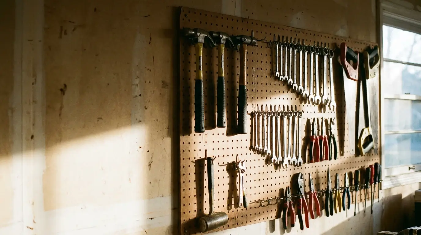 Organized pegboard on a garage wall with hand tools hanging from metal hooks in natural light
