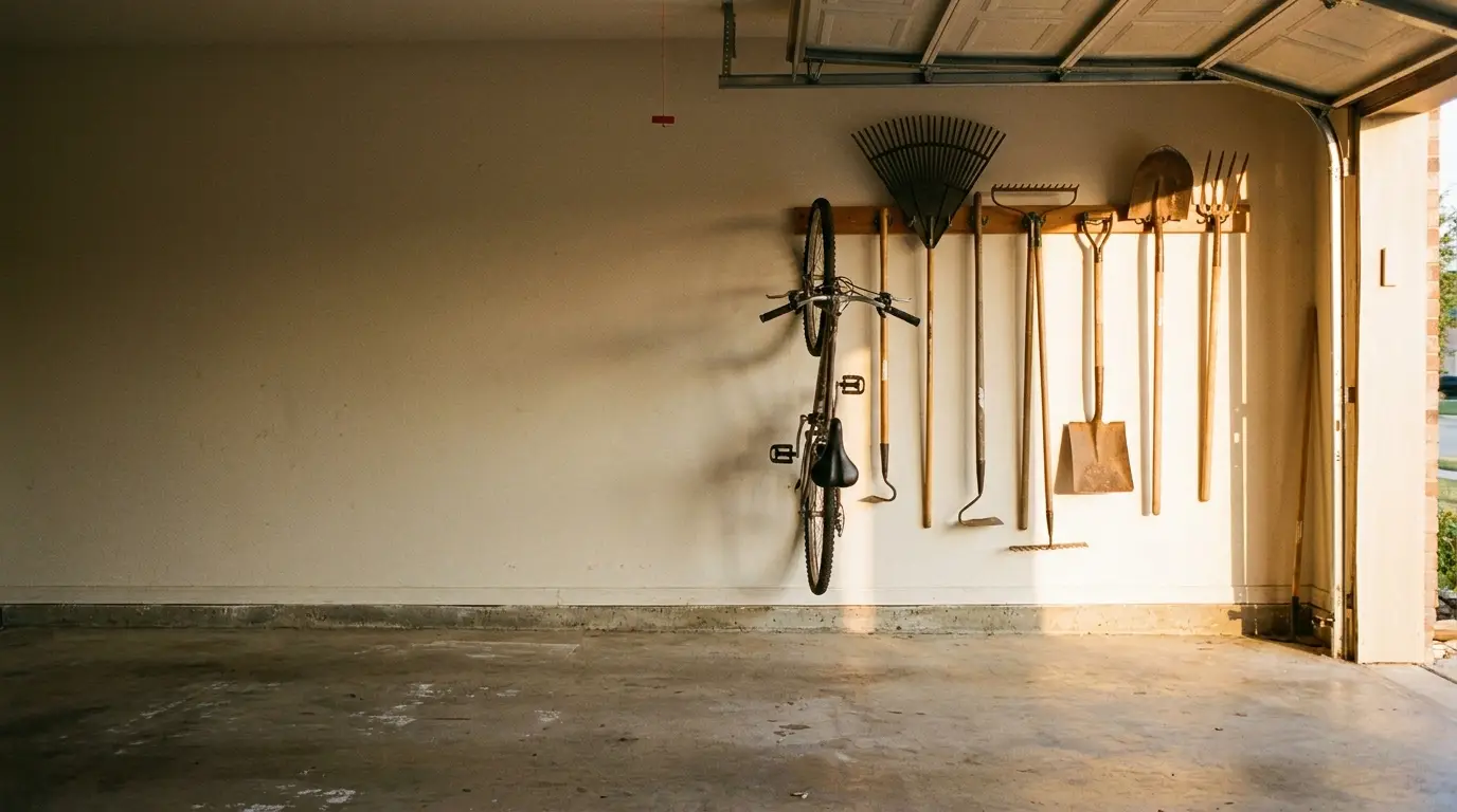 Bicycle and gardening tools hanging on garage wall under natural light