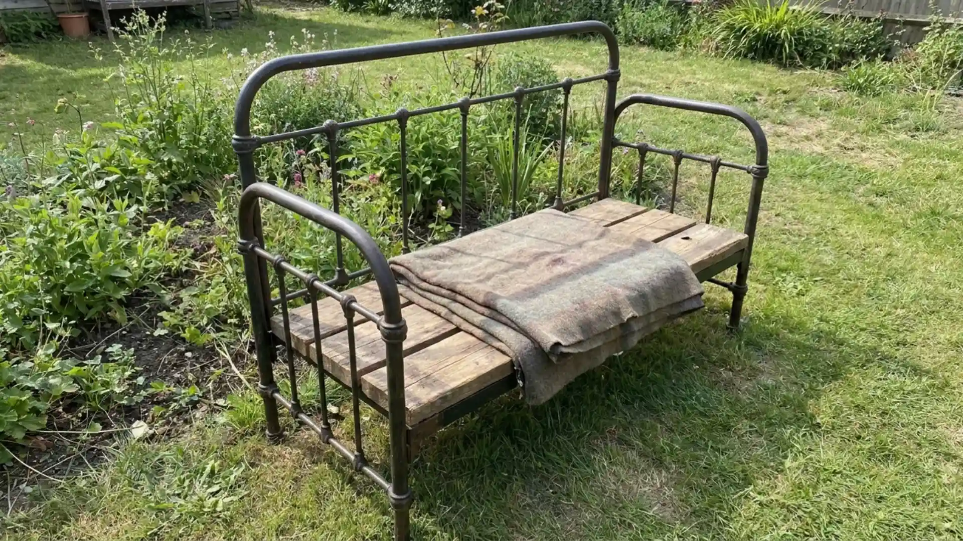 garden bench made from repurposed metal bed frame with wood seat on lawn