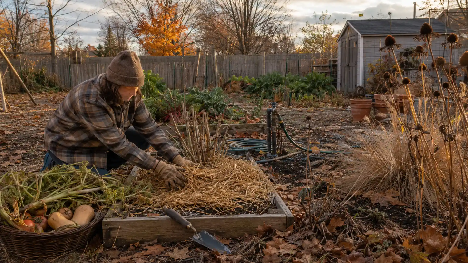 gardener mulching a raised bed with straw beside dried seedheads in fall