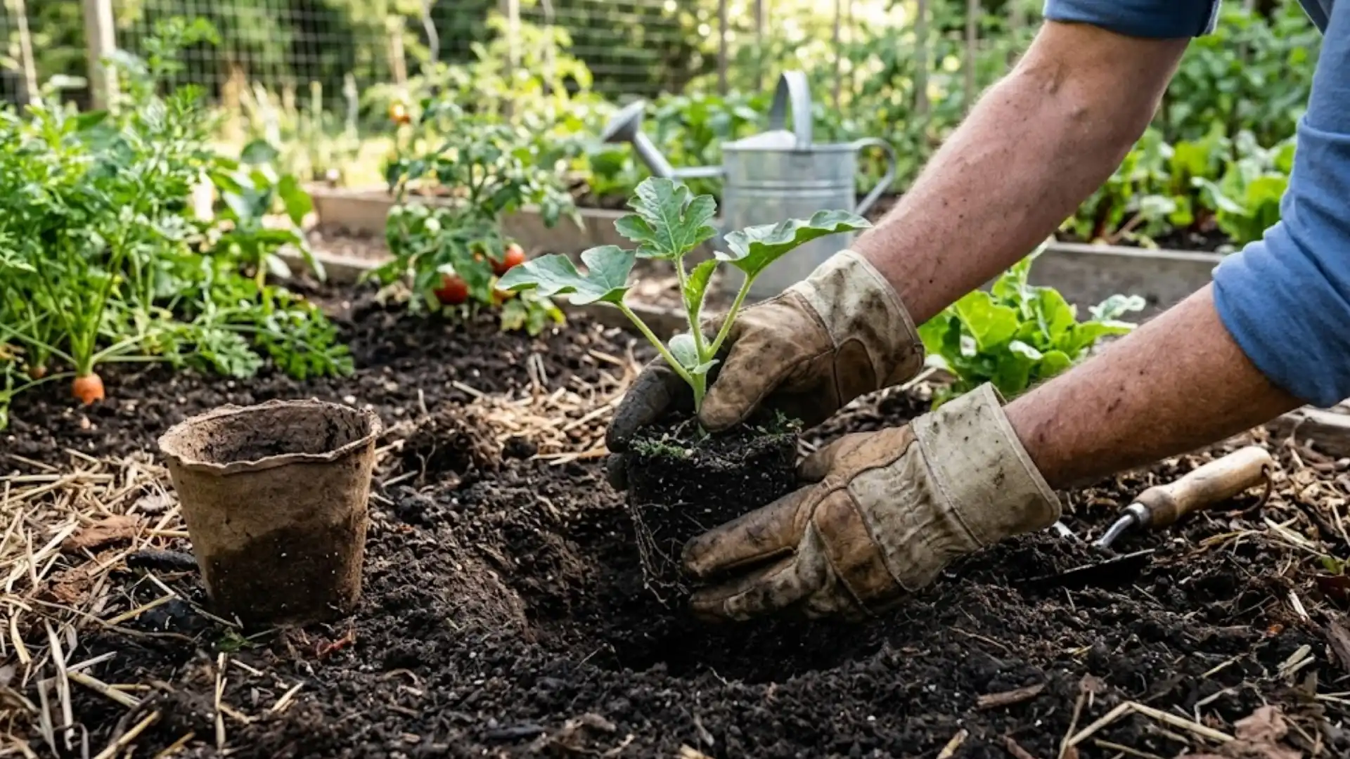 gardener transplanting a young watermelon seedling into prepared soil in a vegetable garden