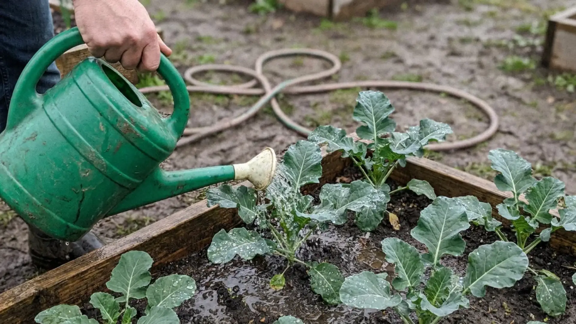 gardener watering young broccoli plants with a green watering can in a raised bed