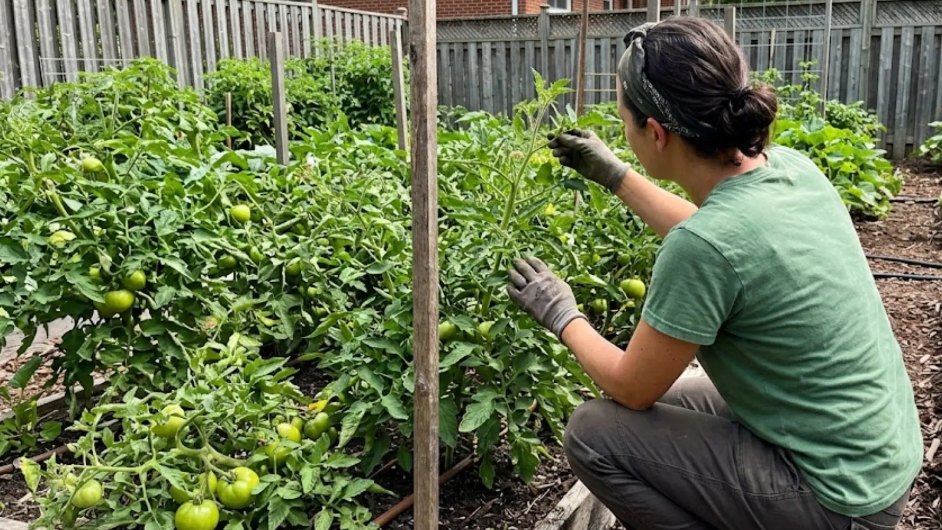 gardener wearing gloves closely checking tomato plant stems and leaves for hornworm damage