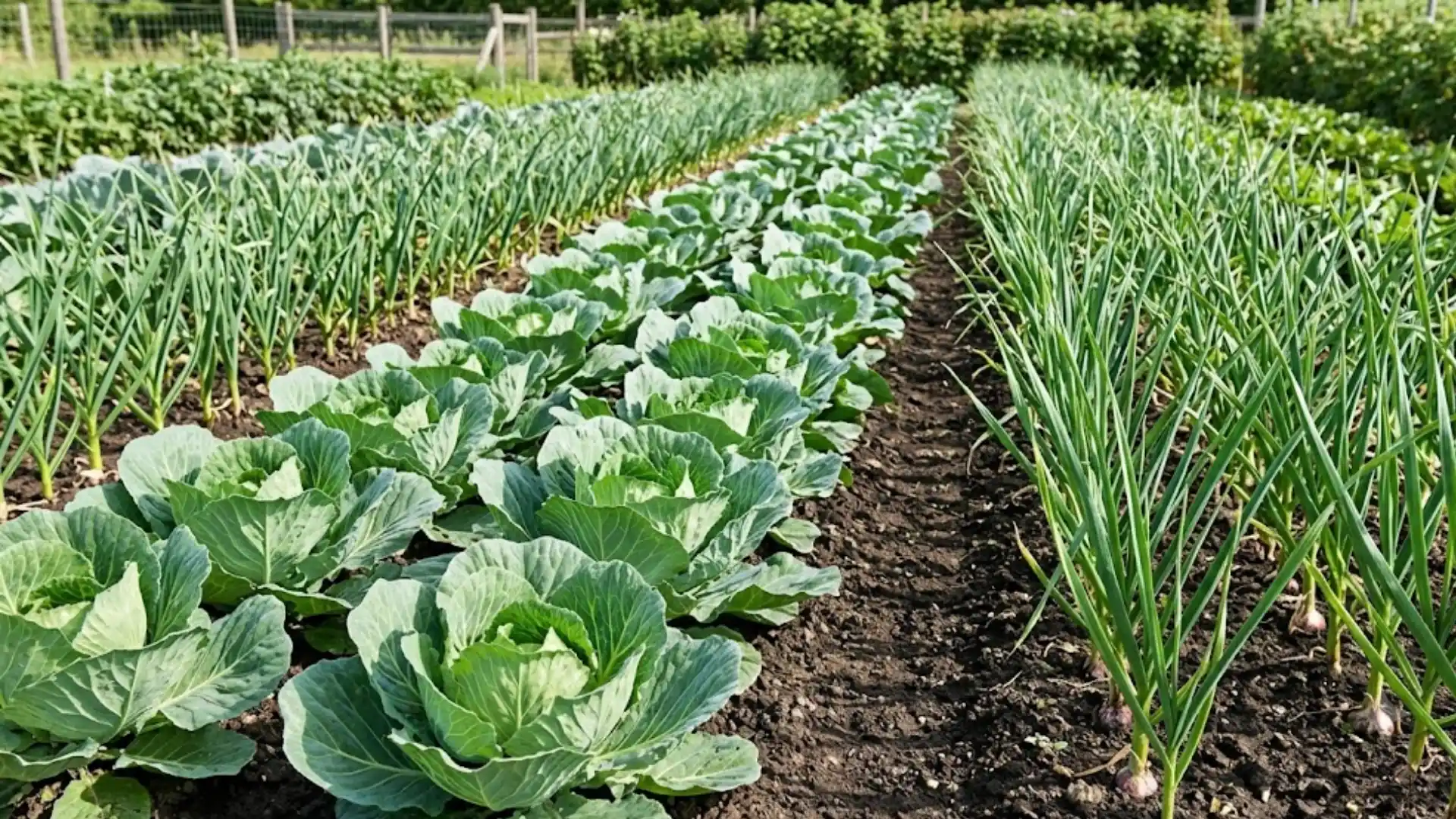 garlic growing beside cabbage in rich garden soil as a beneficial companion planting pair