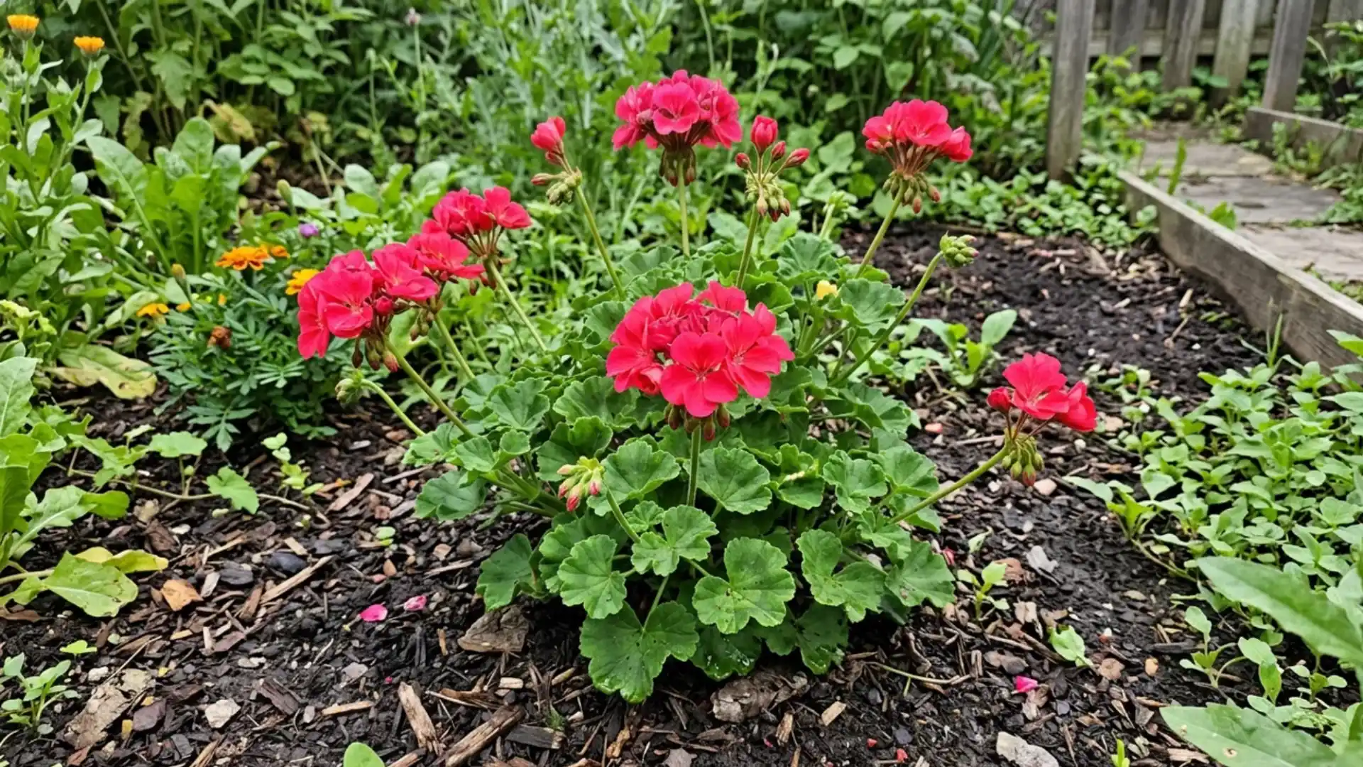 geranium plant with pink-red flowers in a garden bed