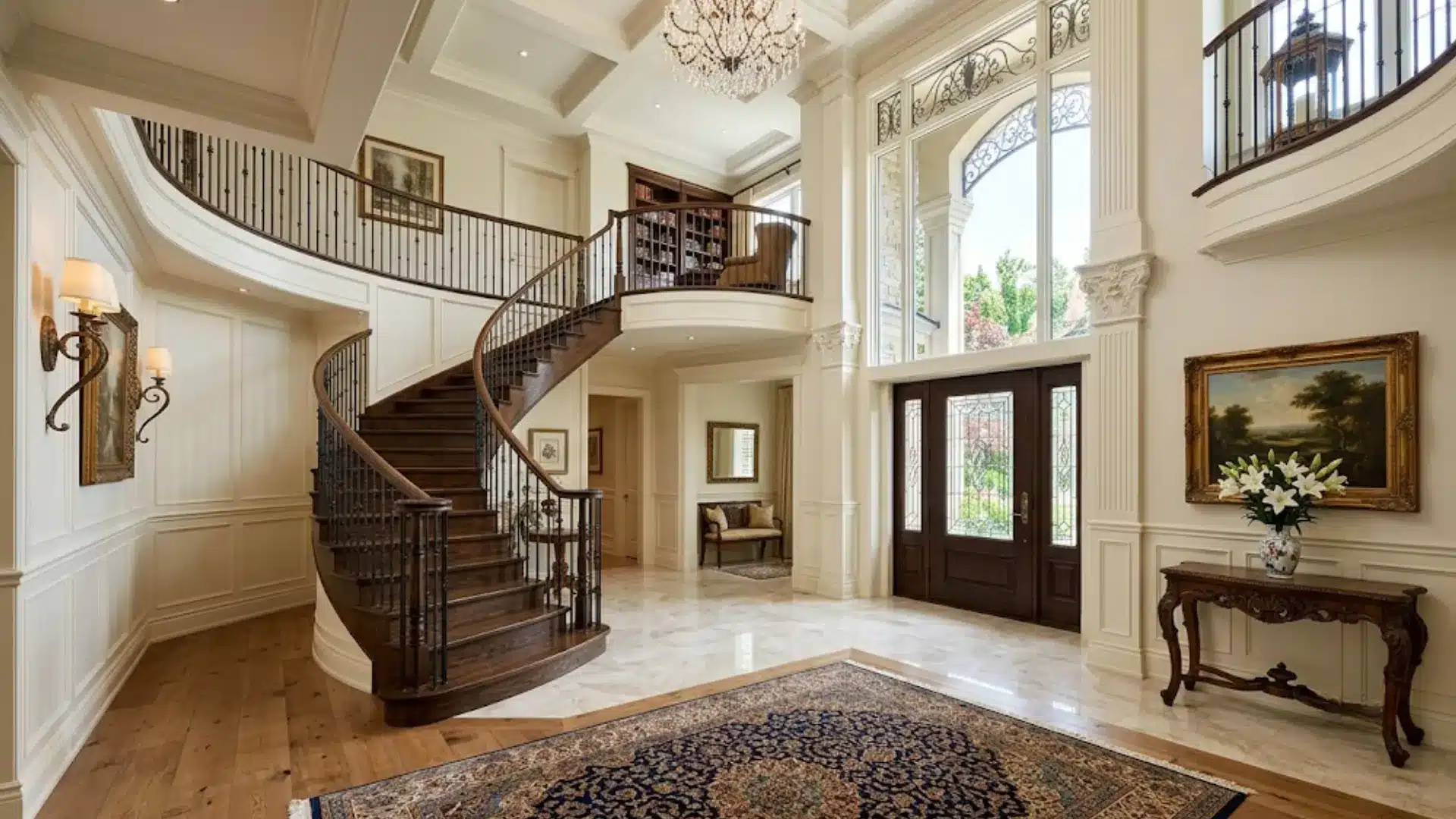 grand two story foyer with curved staircase, chandelier, tall windows, rug, and console table