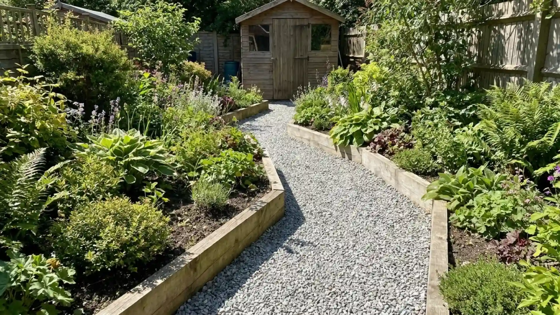 gravel garden path with wood edging leading to shed between raised flower beds