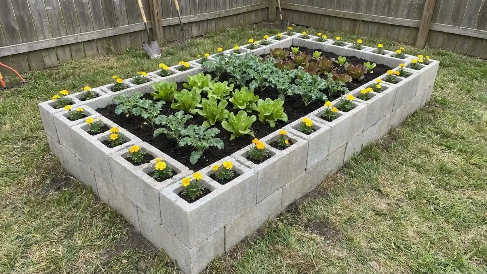 gray cinder block raised garden bed with marigolds and leafy vegetables growing inside