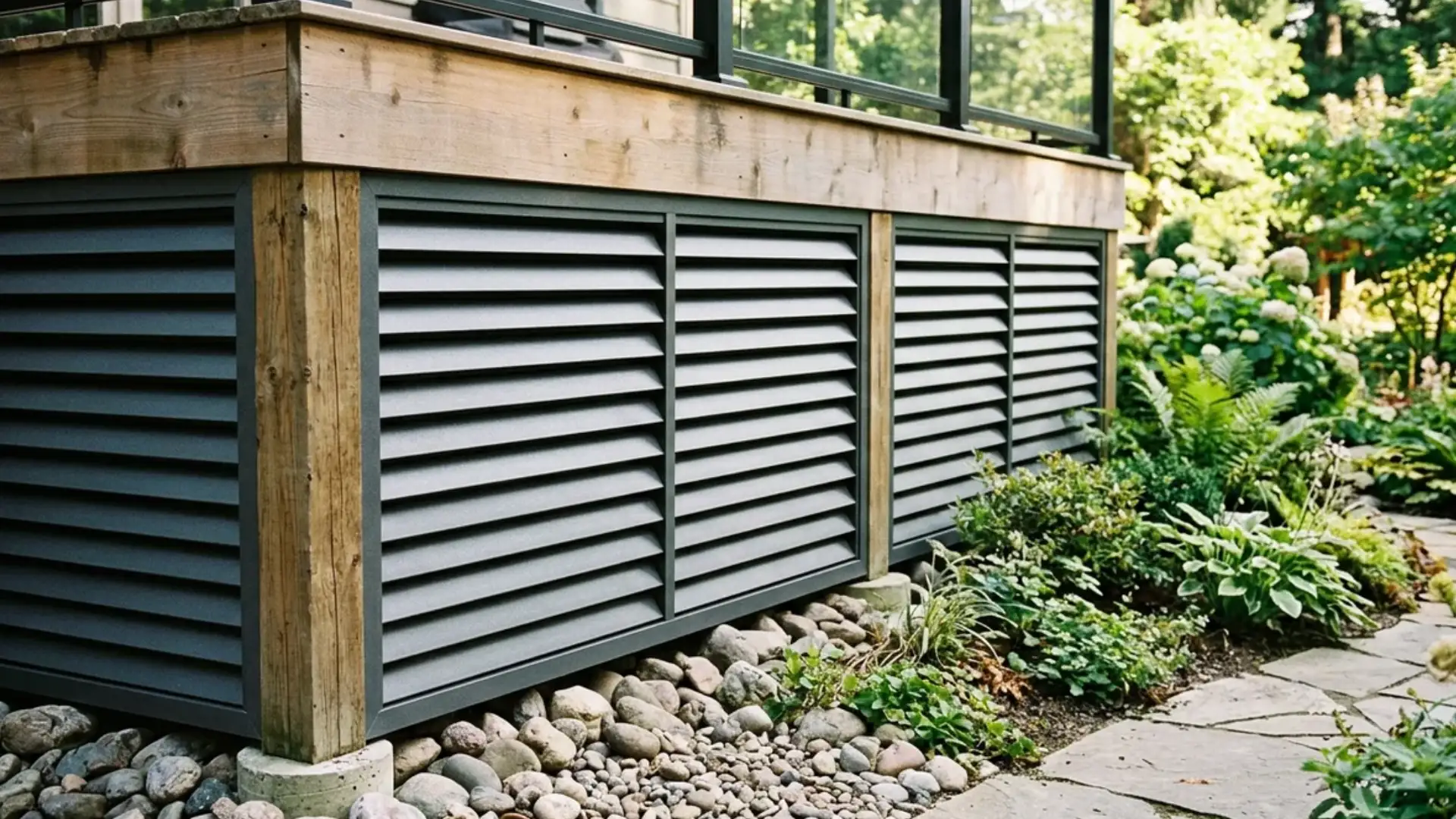 gray louvered aluminum deck skirting panels with wood posts and river rock border