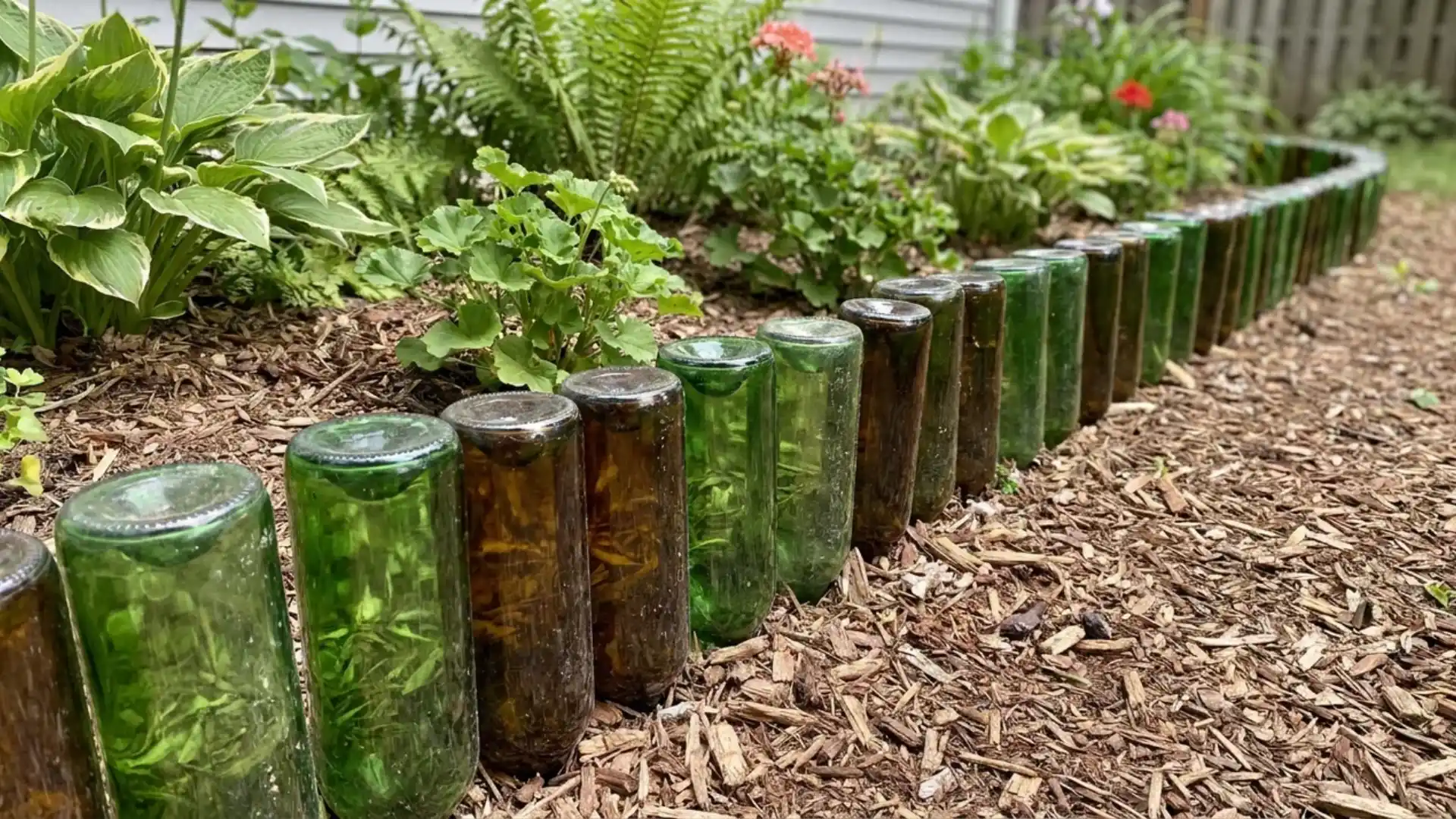 green and brown wine bottles buried neck down as border edging flower bed