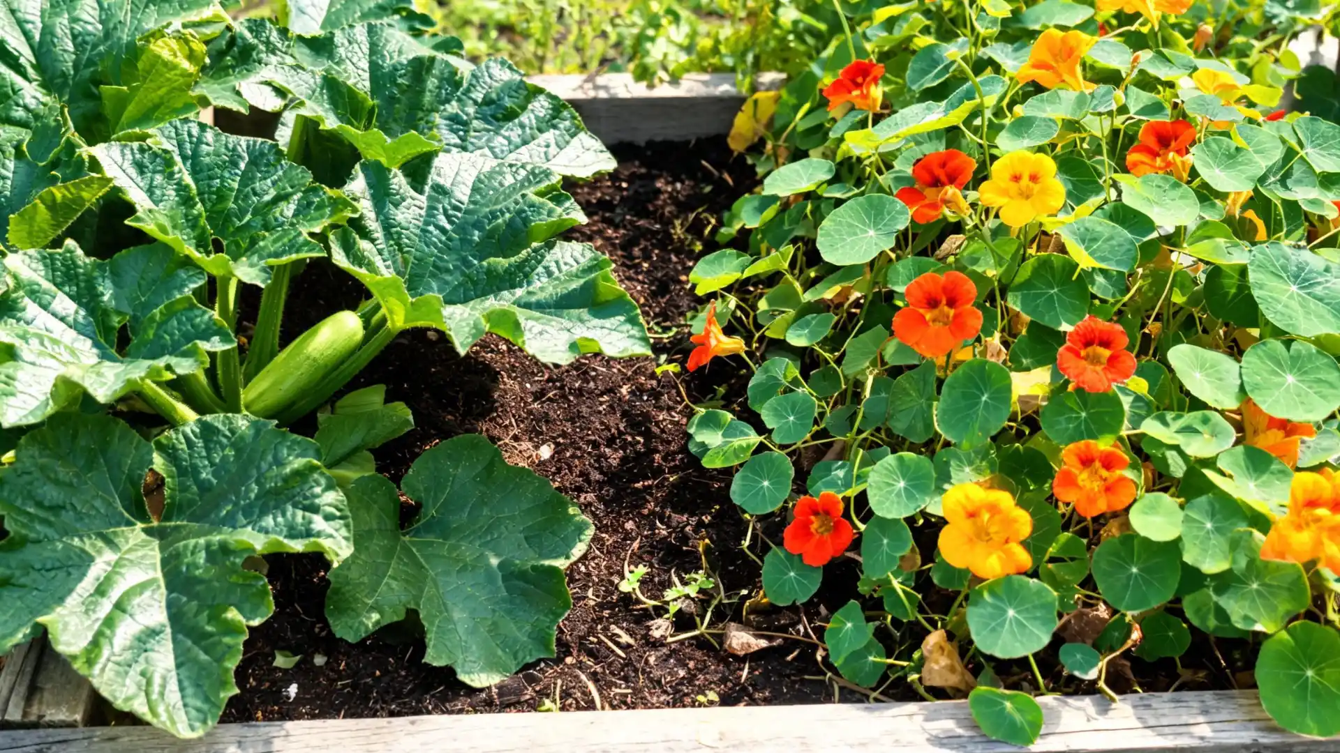 green zucchini plant growing alongside colorful orange and yellow nasturtiums in a raised bed