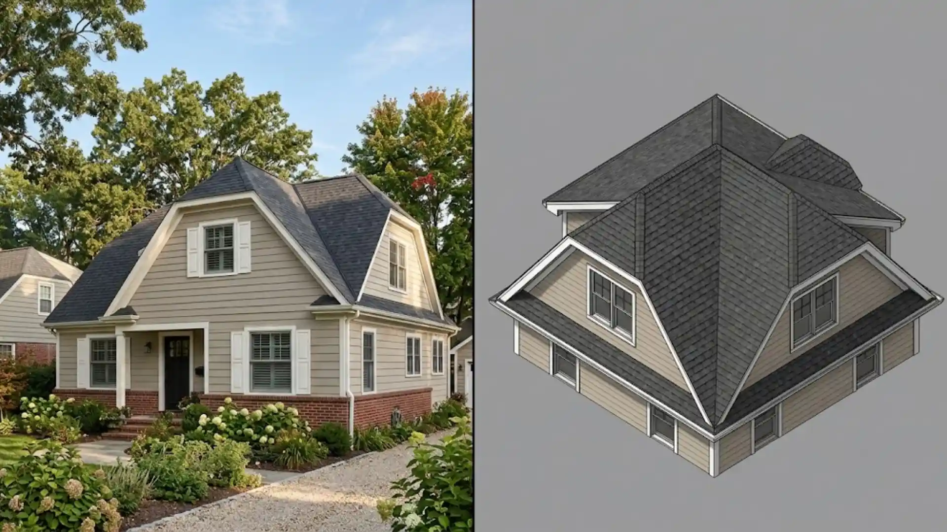 half-hip roof with clipped gable end beside 3d rendering of hybrid roof design