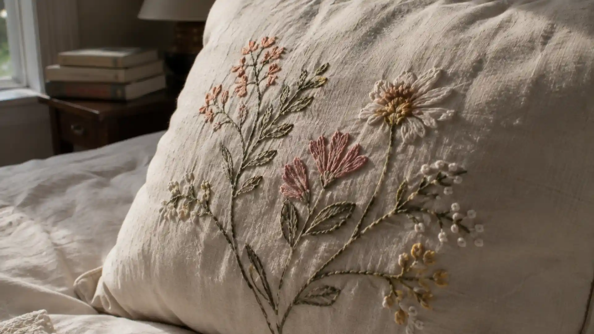 hand-embroidered pillow cover with visible stitching on a cottage bed