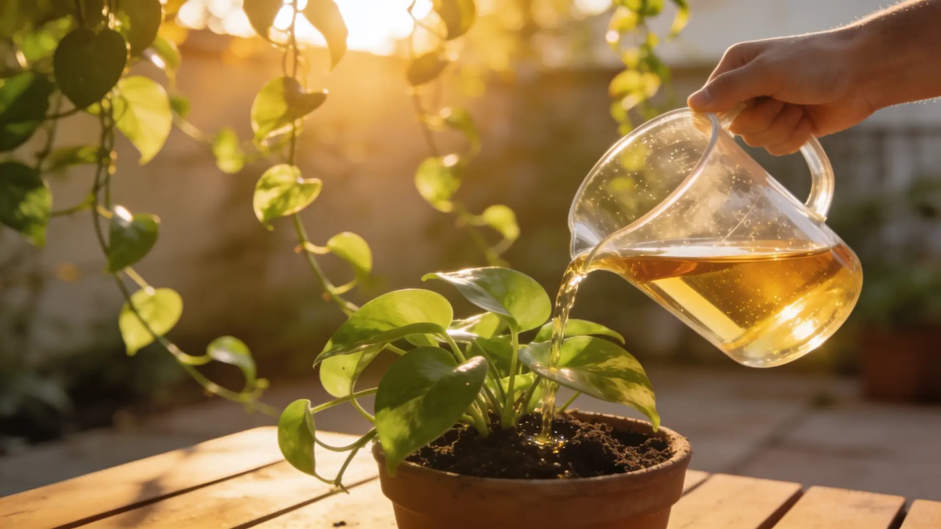 hand pouring diluted neem oil solution onto soil of a potted pothos plant