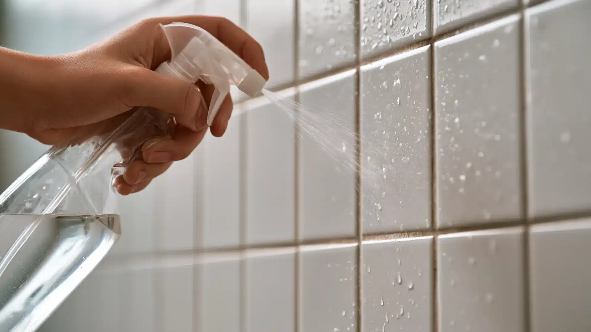 hand spraying cleaning solution on tiled shower wall from top to bottom
