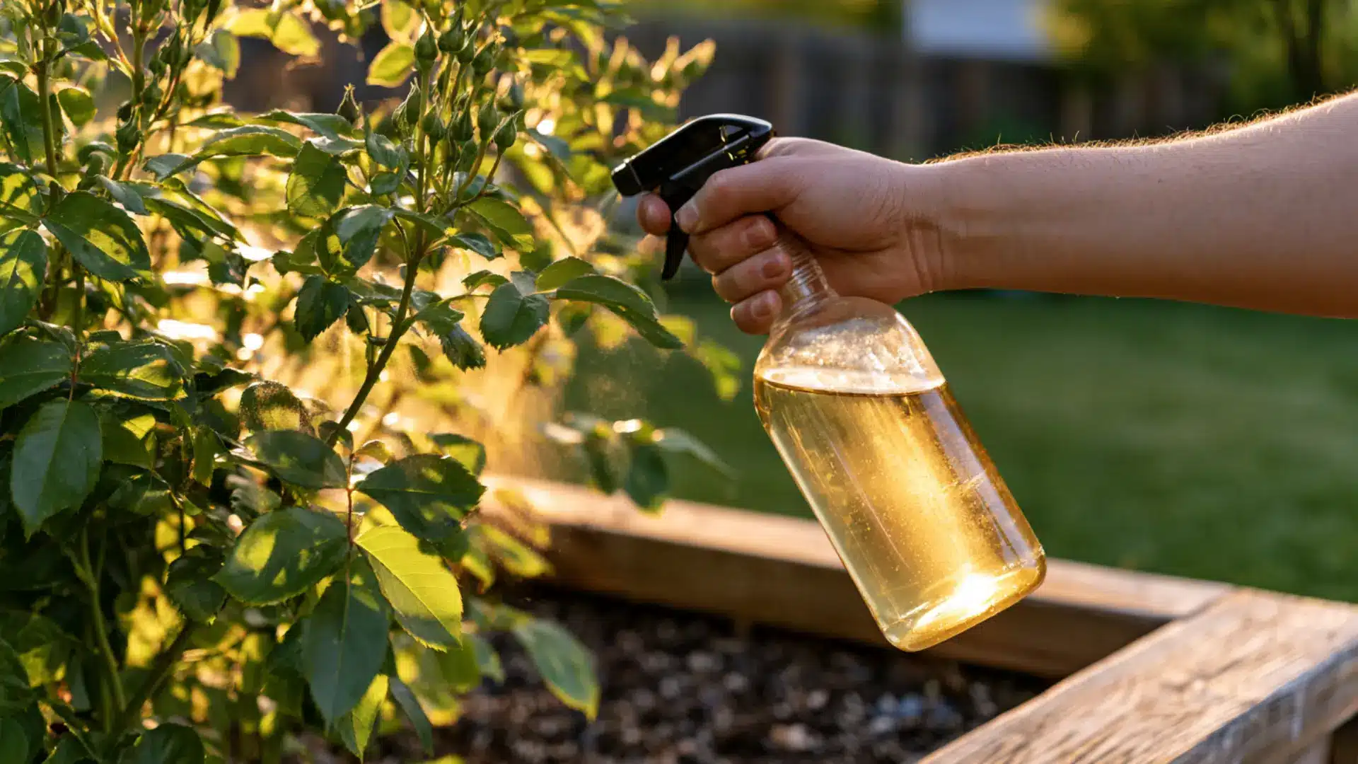hand spraying neem oil mixture on rose bush leaves in a backyard garden
