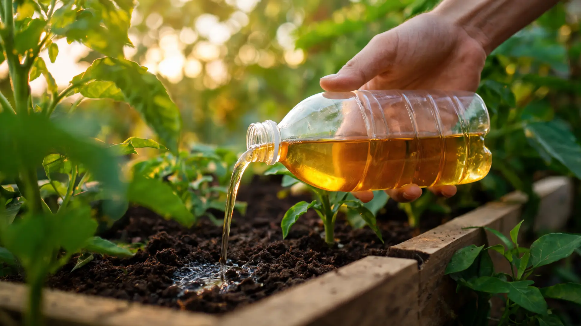 hand spraying neem oil solution on garden plants to control pests naturally