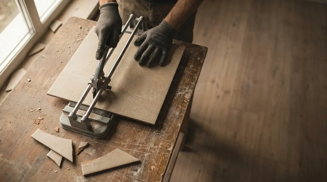 Person cutting tile with manual tile cutter on wooden workbench in workshop with warm lighting