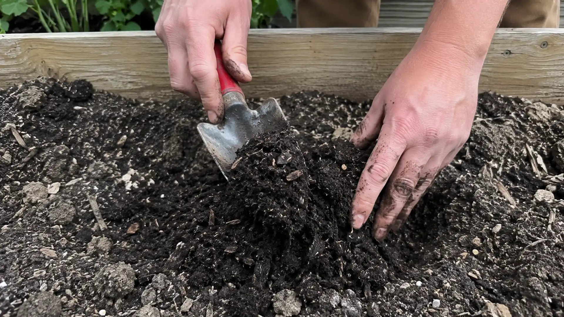 hands mixing compost into dark garden soil with a small trowel before planting broccoli