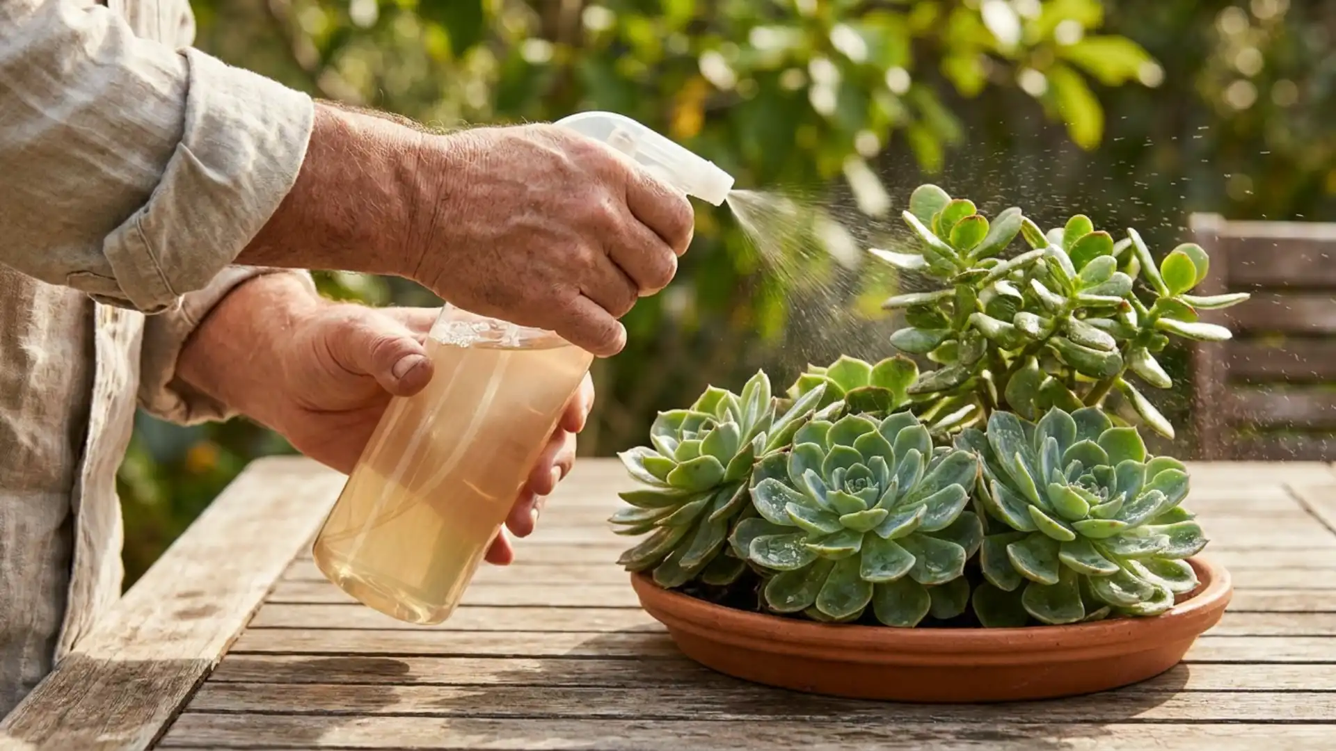 hands spraying diluted neem oil solution on succulents and jade plant
