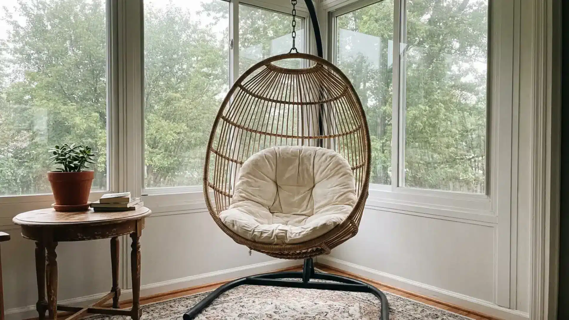hanging egg chair with cream cushion beside a wooden side table and window view