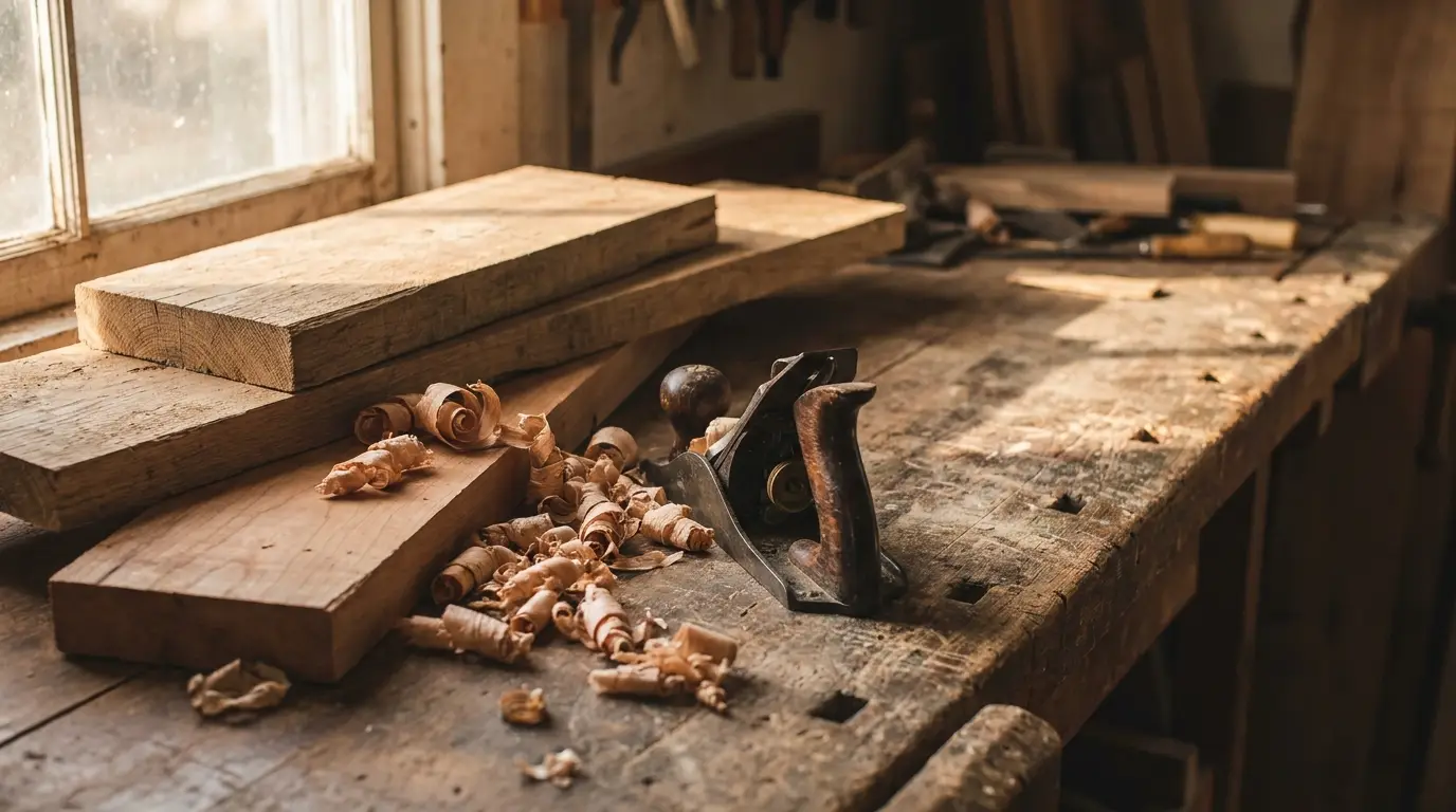 Wood shavings and hand plane on rustic wooden workbench in sunny workshop