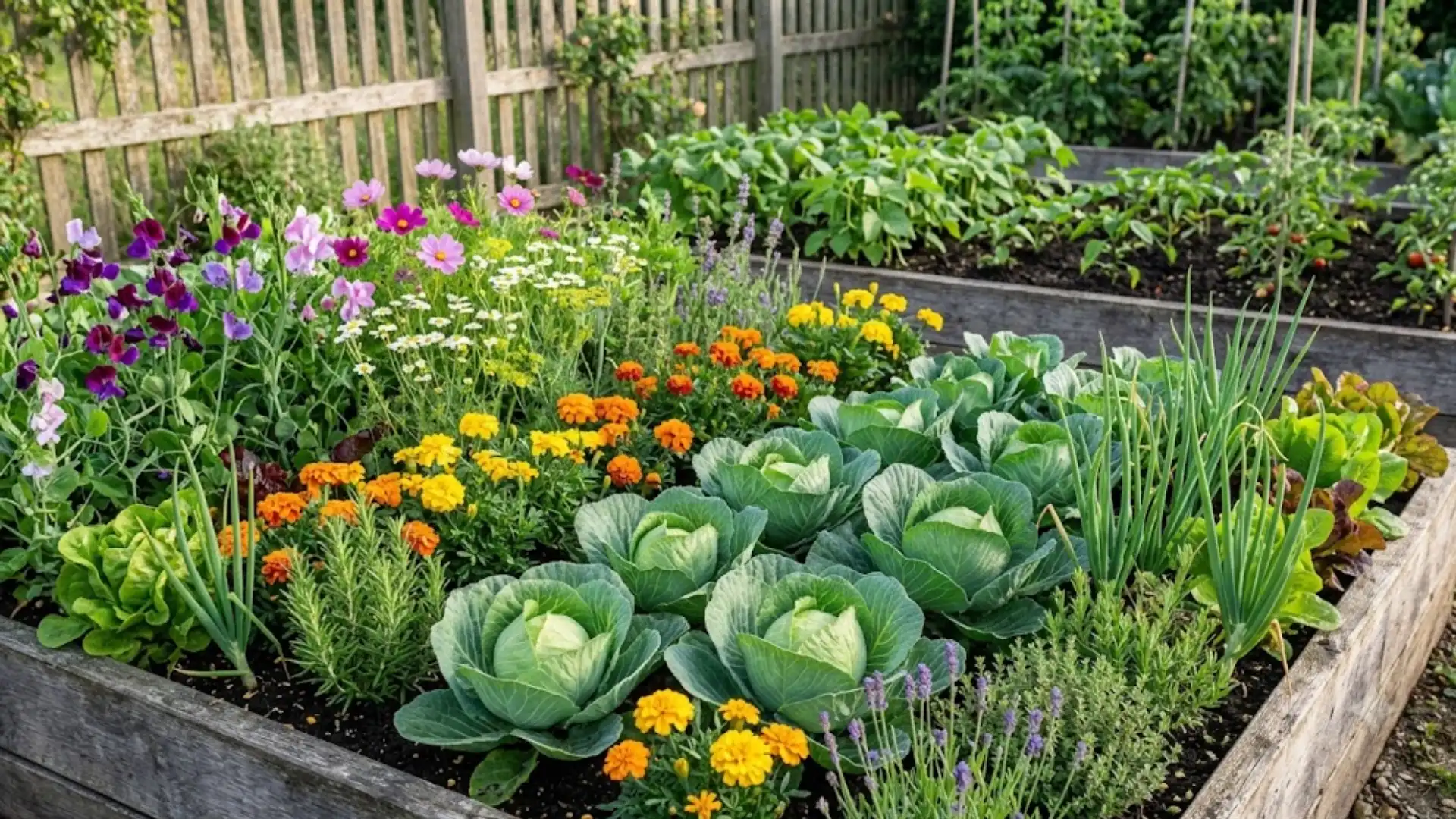 healthy cabbage surrounded by companion plants growing together in a productive vegetable garden
