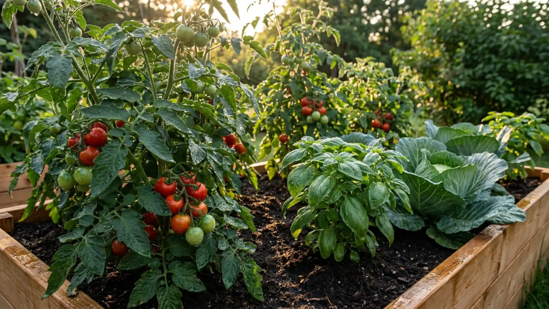 healthy tomato and basil plants treated with neem oil in a garden bed