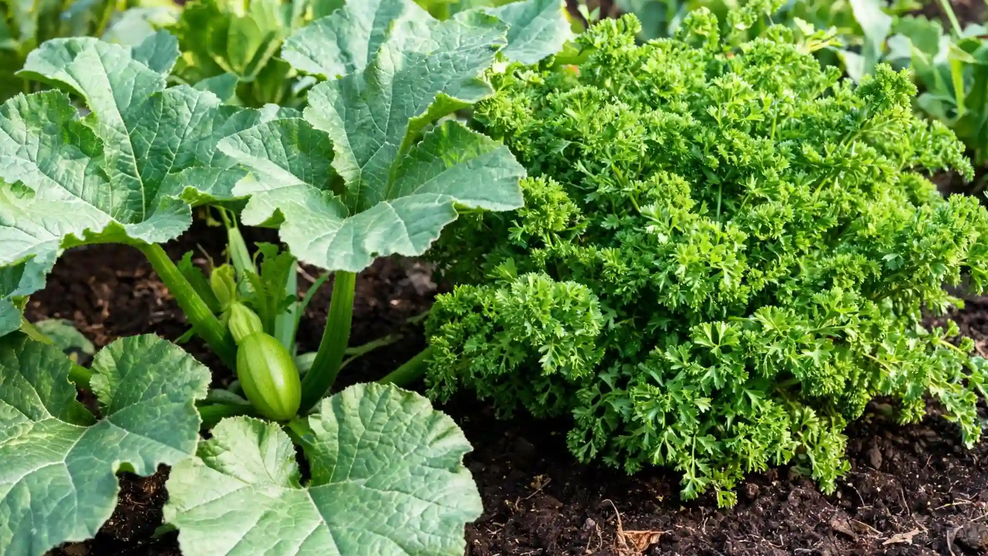 healthy zucchini growing beside lush curly parsley in rich garden soil under bright sunlight