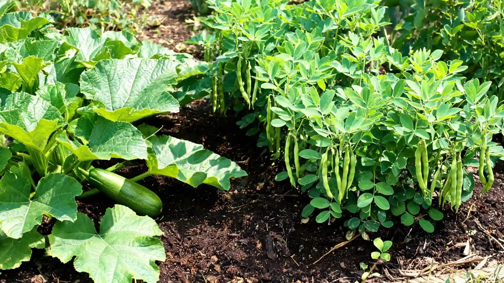 healthy zucchini plant growing beside bush beans with green pods in a sunny vegetable garden