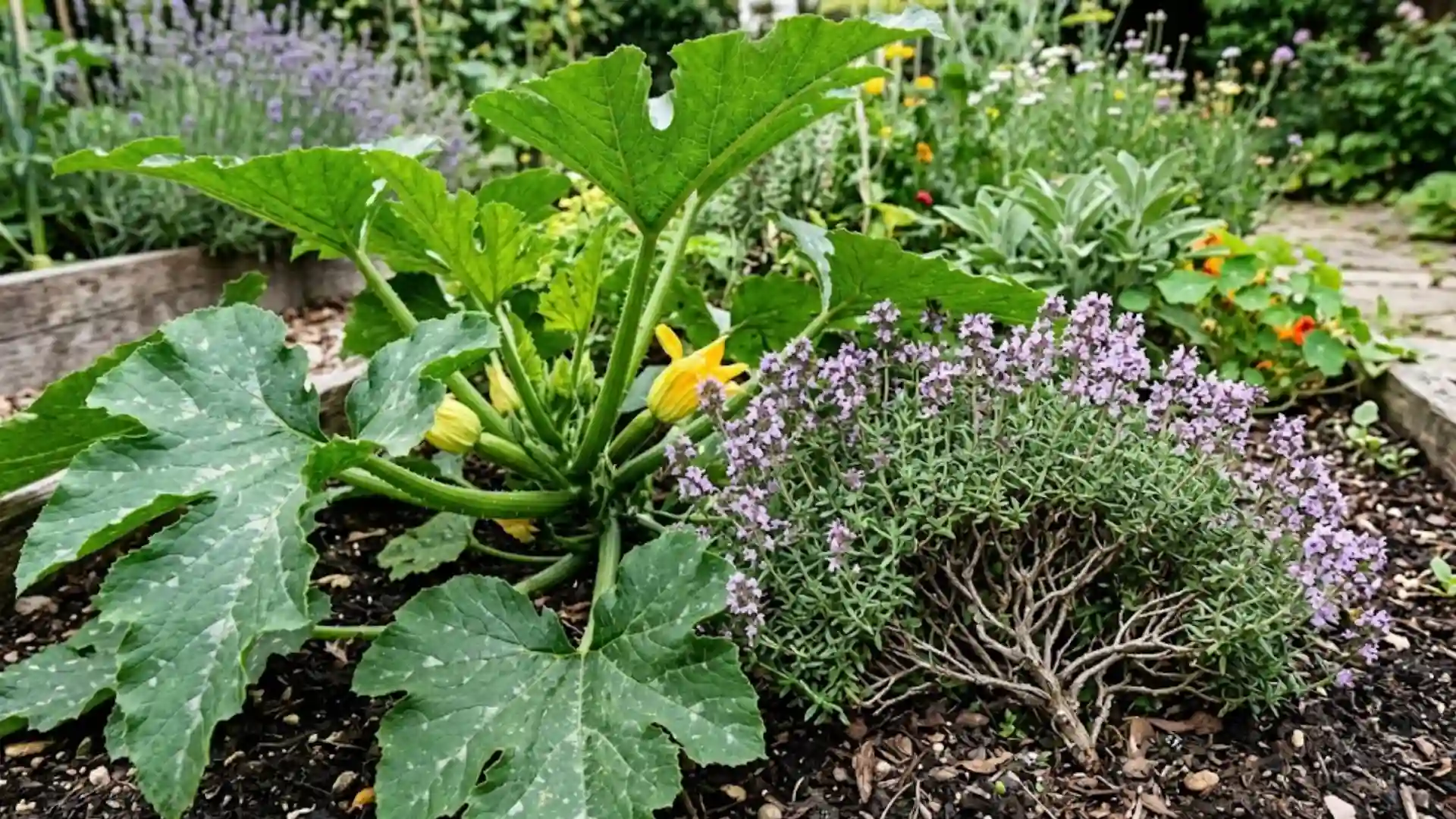healthy zucchini plant growing beside flowering thyme with small purple blooms in a garden bed