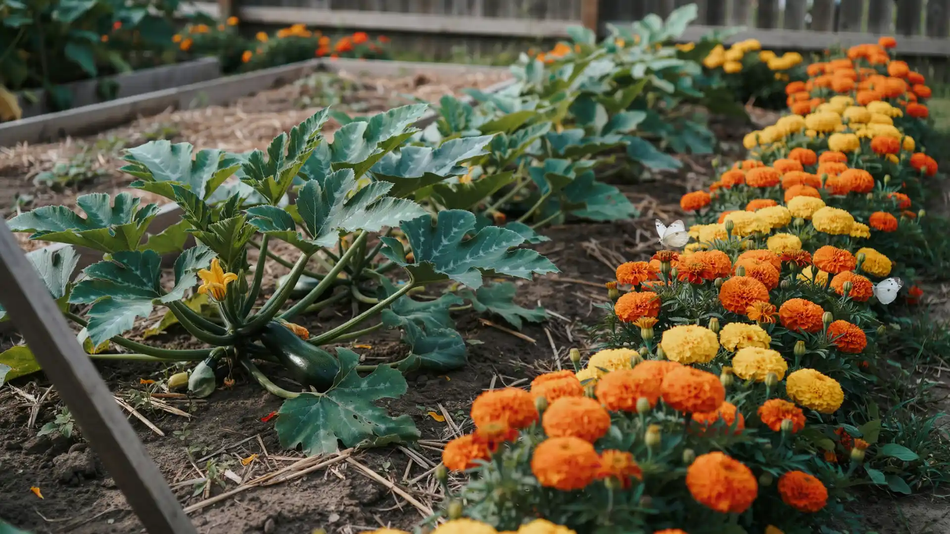 healthy zucchini plants growing beside bright orange and yellow marigolds in a garden bed