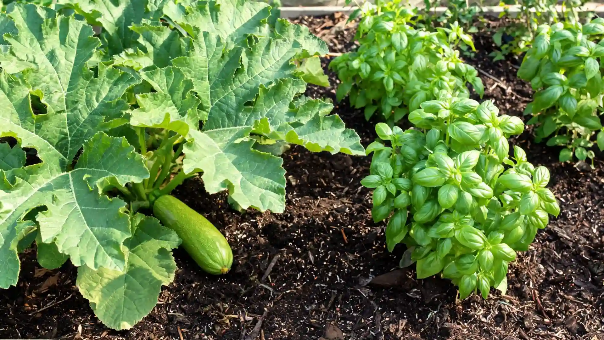 healthy zucchini with broad green leaves and visible fruit growing beside lush basil plants in garden soil