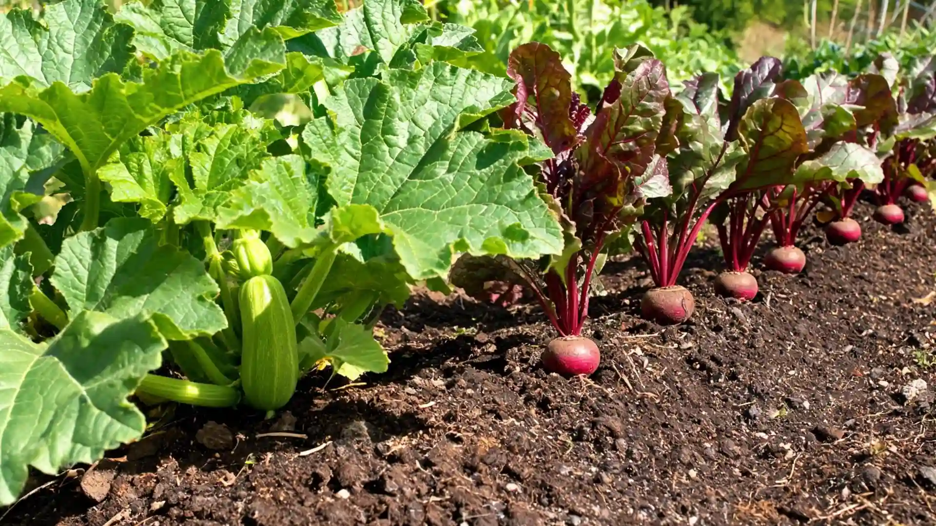 healthy zucchini with visible fruit growing beside beets with red stems and leafy tops in a garden bed