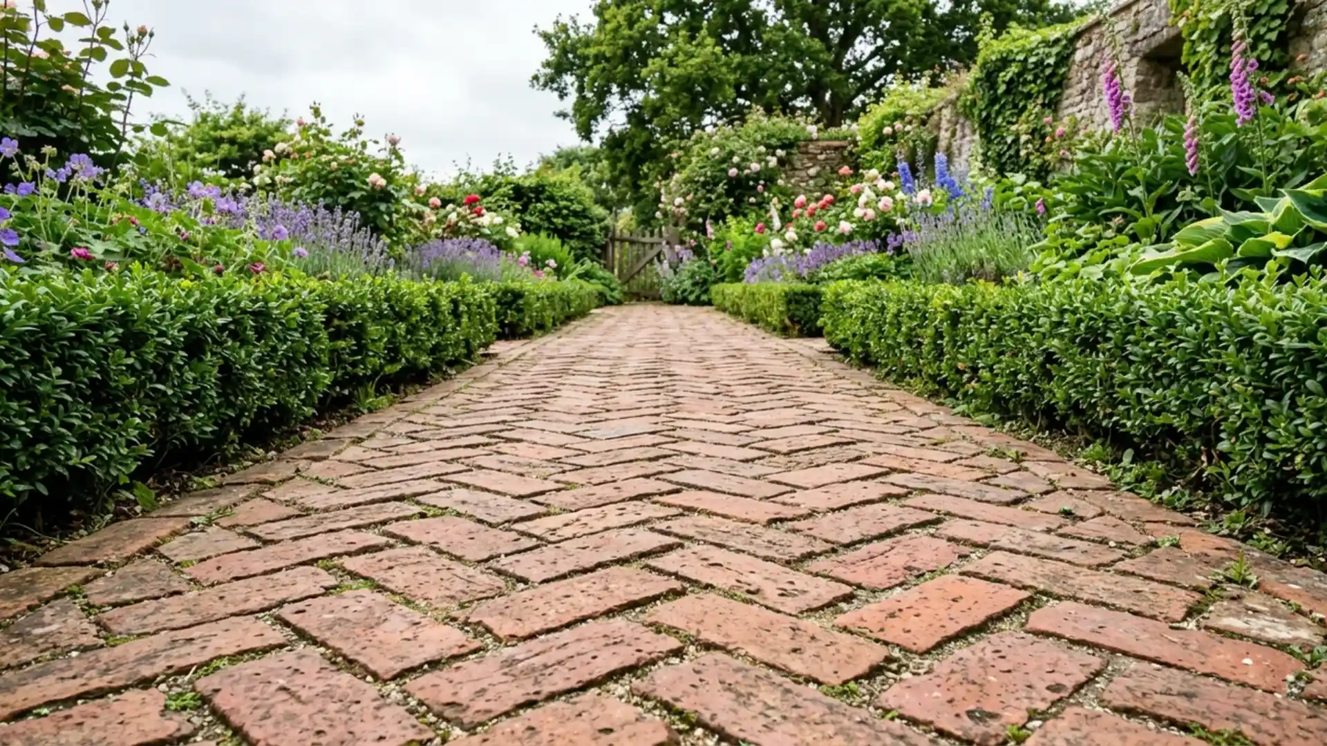 herringbone brick garden path bordered by boxwood hedges and blooming flower beds