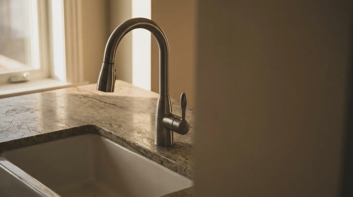 Stainless steel faucet and granite countertop in sunlit kitchen corner
