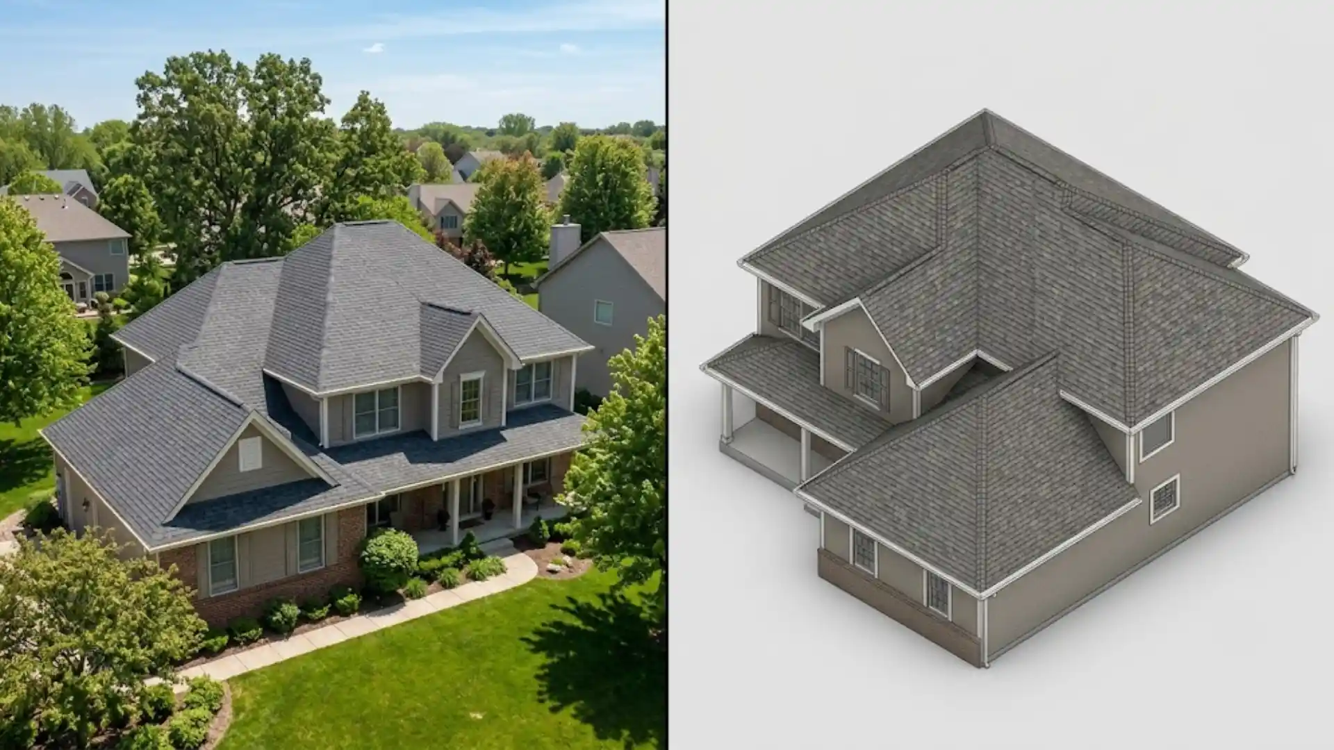 hip-and-valley roof with visible valley beside 3d rendering of intersecting slopes