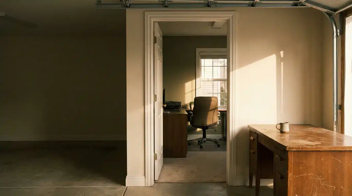 Spacious home office with wooden desk and leather chair under warm afternoon light