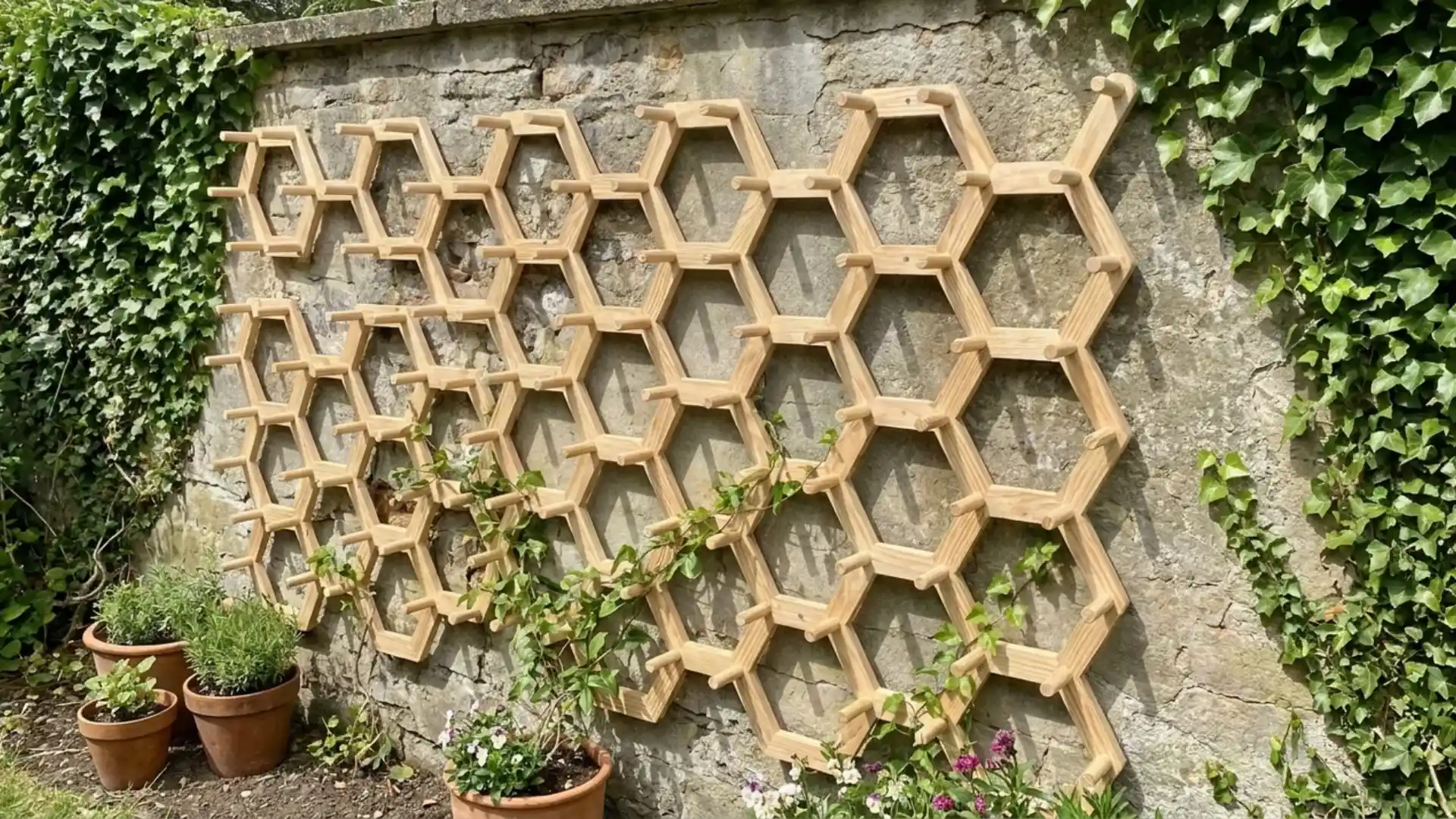 honeycomb pattern wood trellis mounted on stone wall with climbing ivy and potted herbs