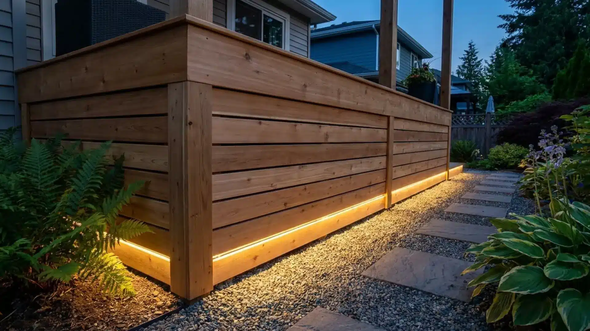 horizontal cedar deck skirting with warm led lighting strip glowing at dusk