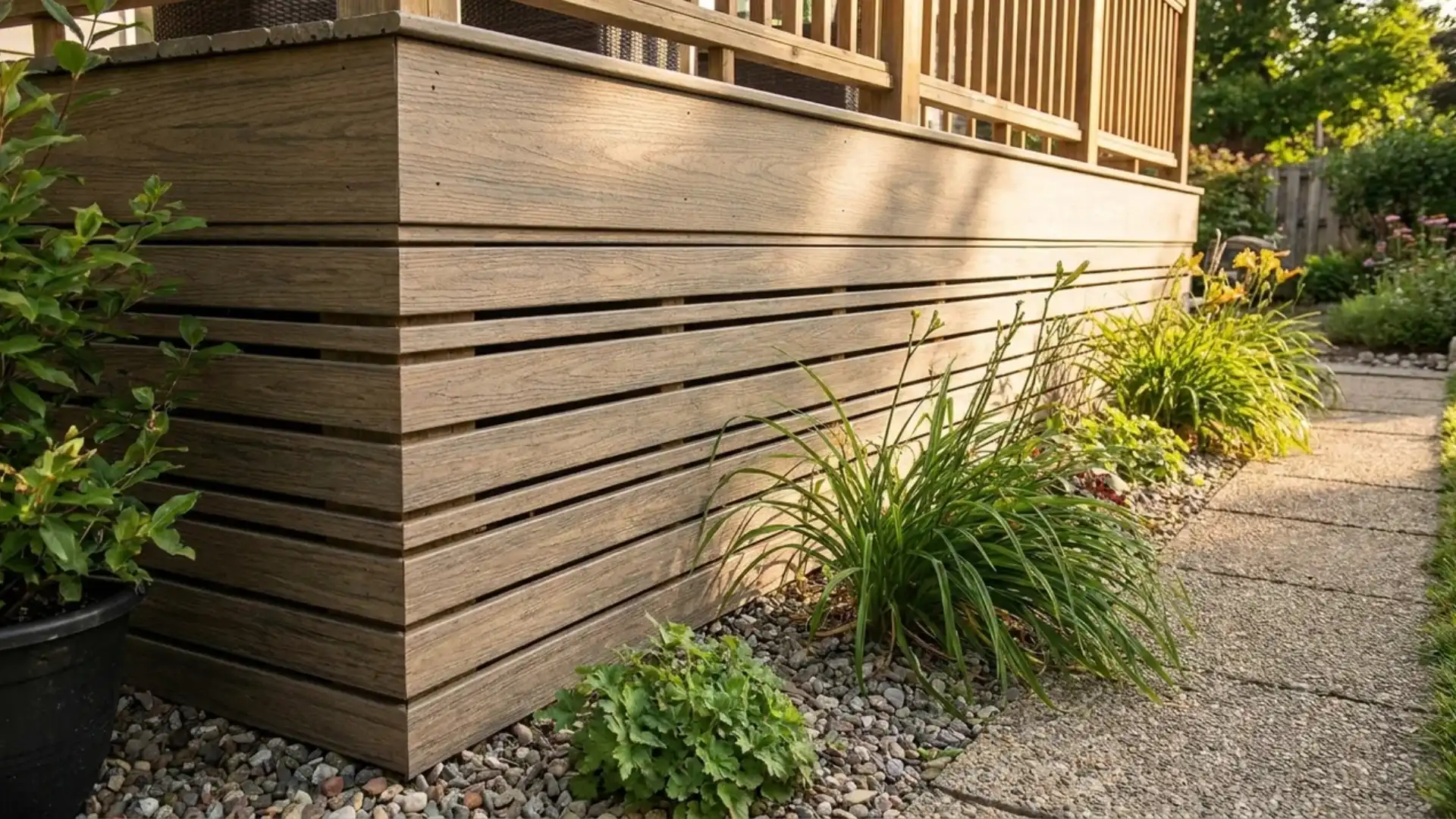 horizontal composite slat deck skirting corner with daylilies and ornamental grasses