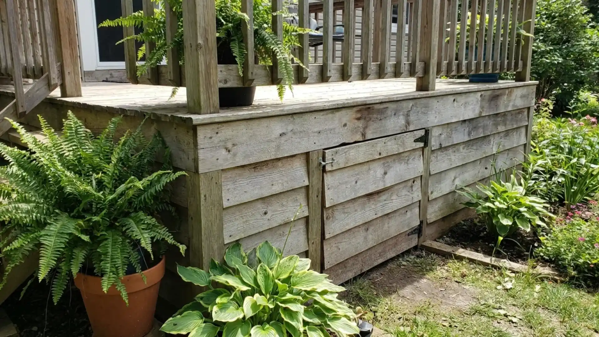 horizontal shiplap deck skirting with small access door surrounded by ferns and hostas