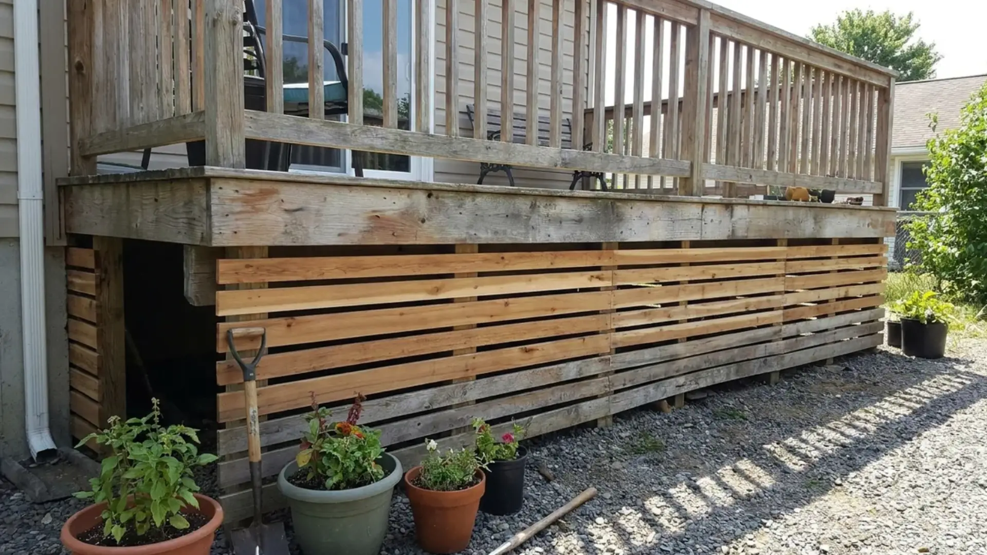 horizontal wood slat deck skirting with potted plants and access opening