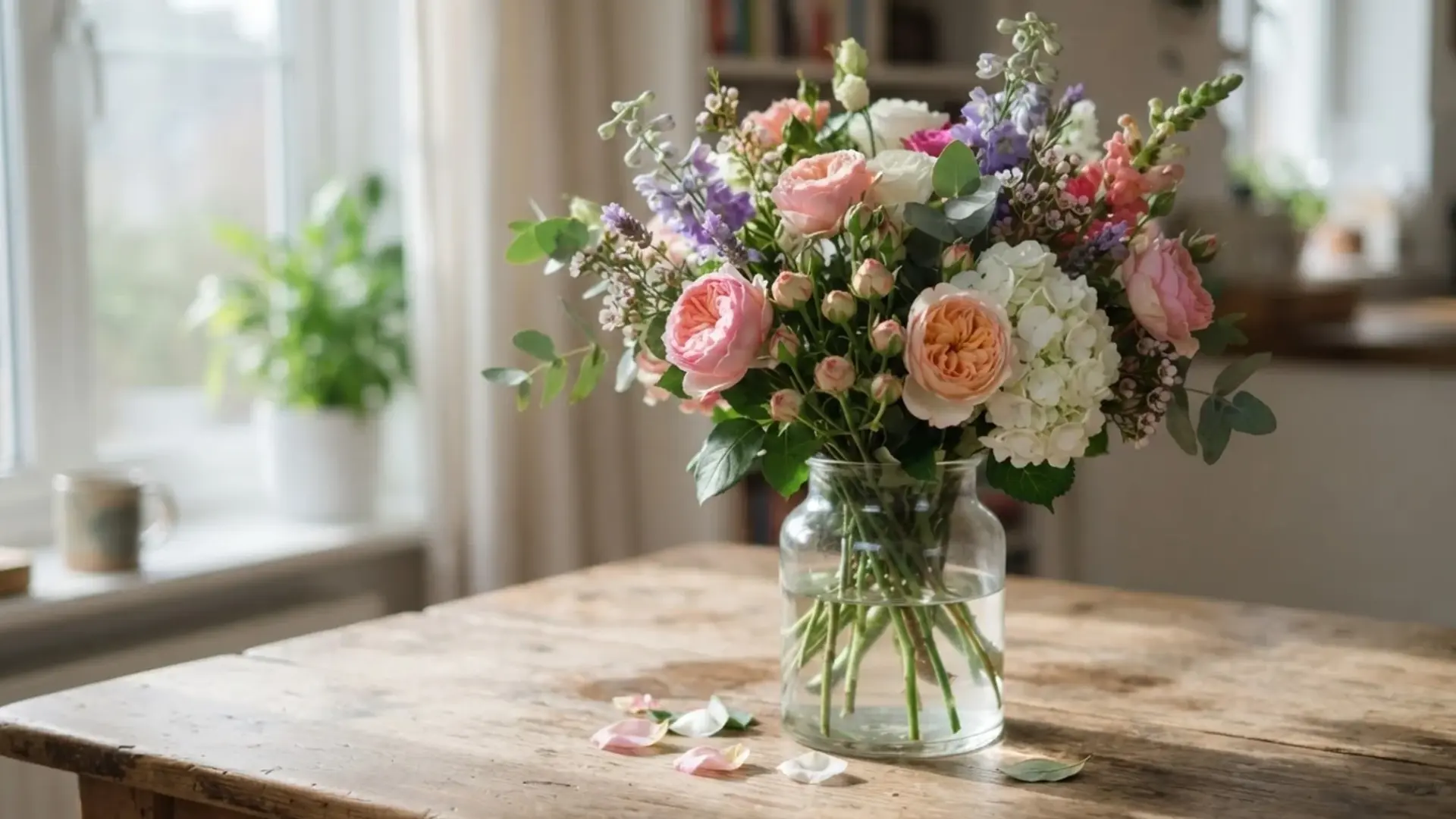 glass vase of pink roses white hydrangeas and purple delphinium sitting on a wooden table
