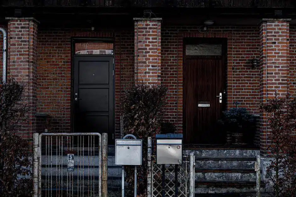 Two dark wooden doors and mailboxes on brick building facade, surrounded by leafless hedges