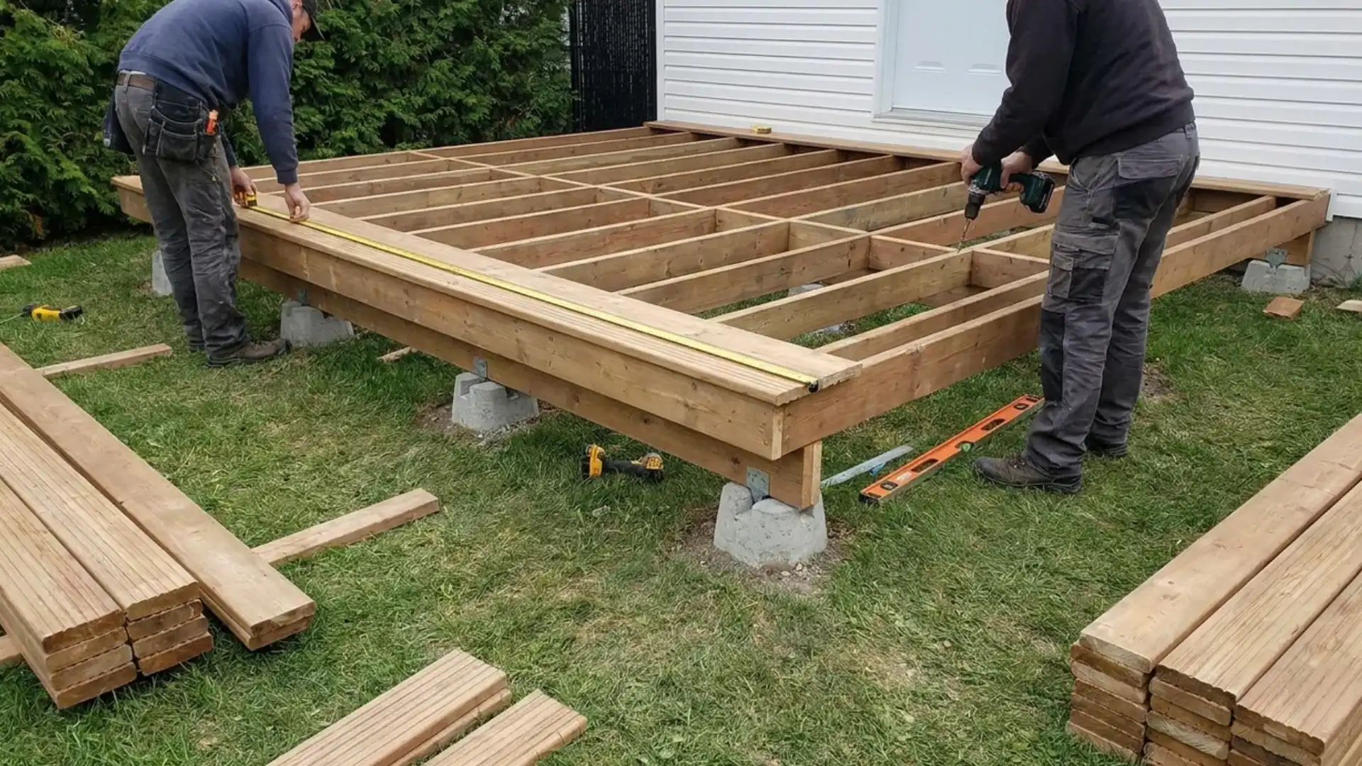 two people building a wood deck frame with joists and concrete footings