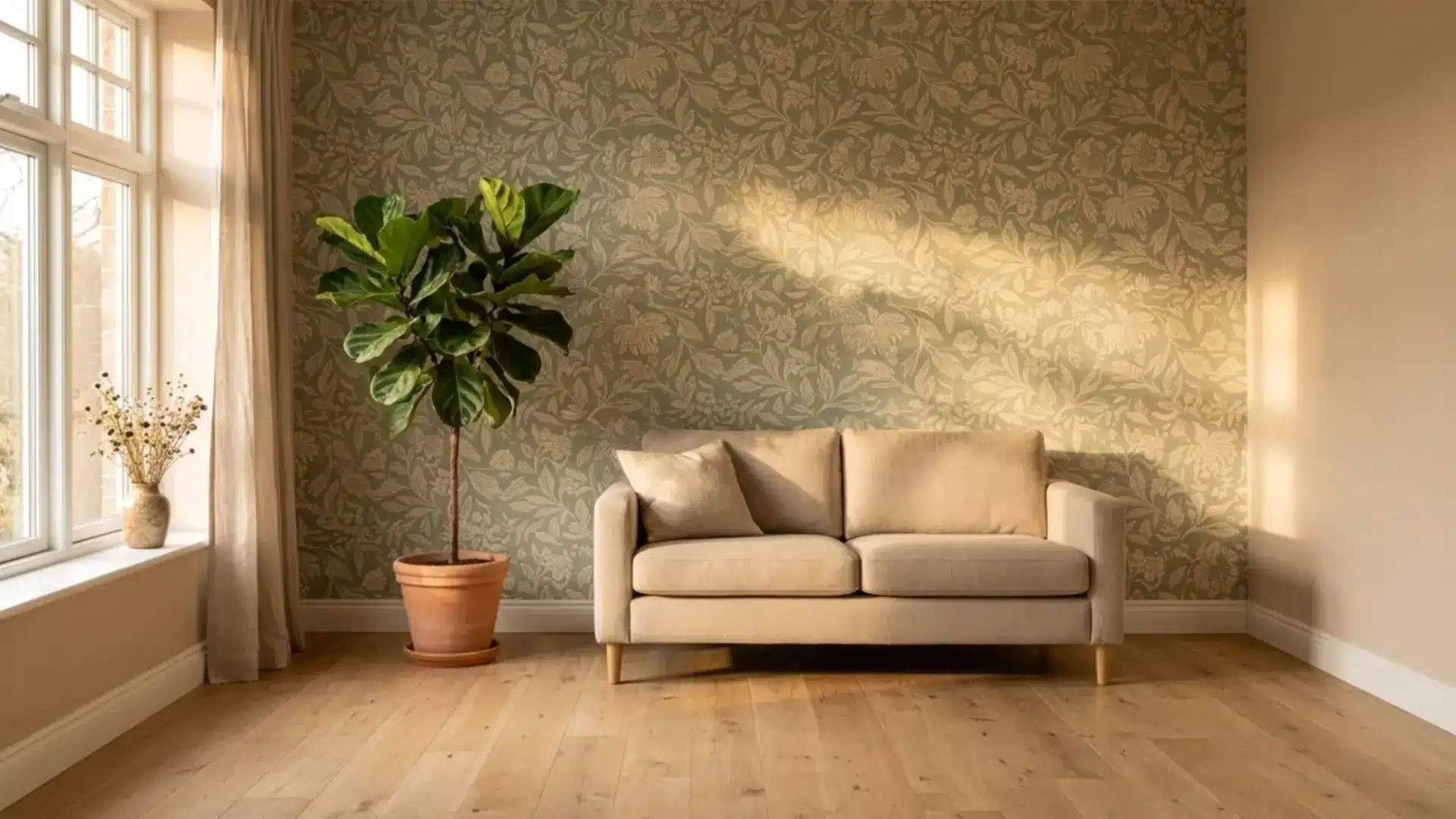 a living room with sage green botanical wallpaper on one wall behind a beige sofa and potted plant
